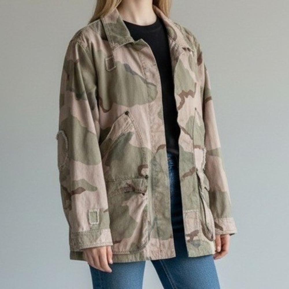 Anthropologie Women Utility Jacket L Tan Camo Distressed Military Boho Gorpcore